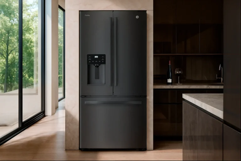 nuevo refrigerador de color negro en la cocina